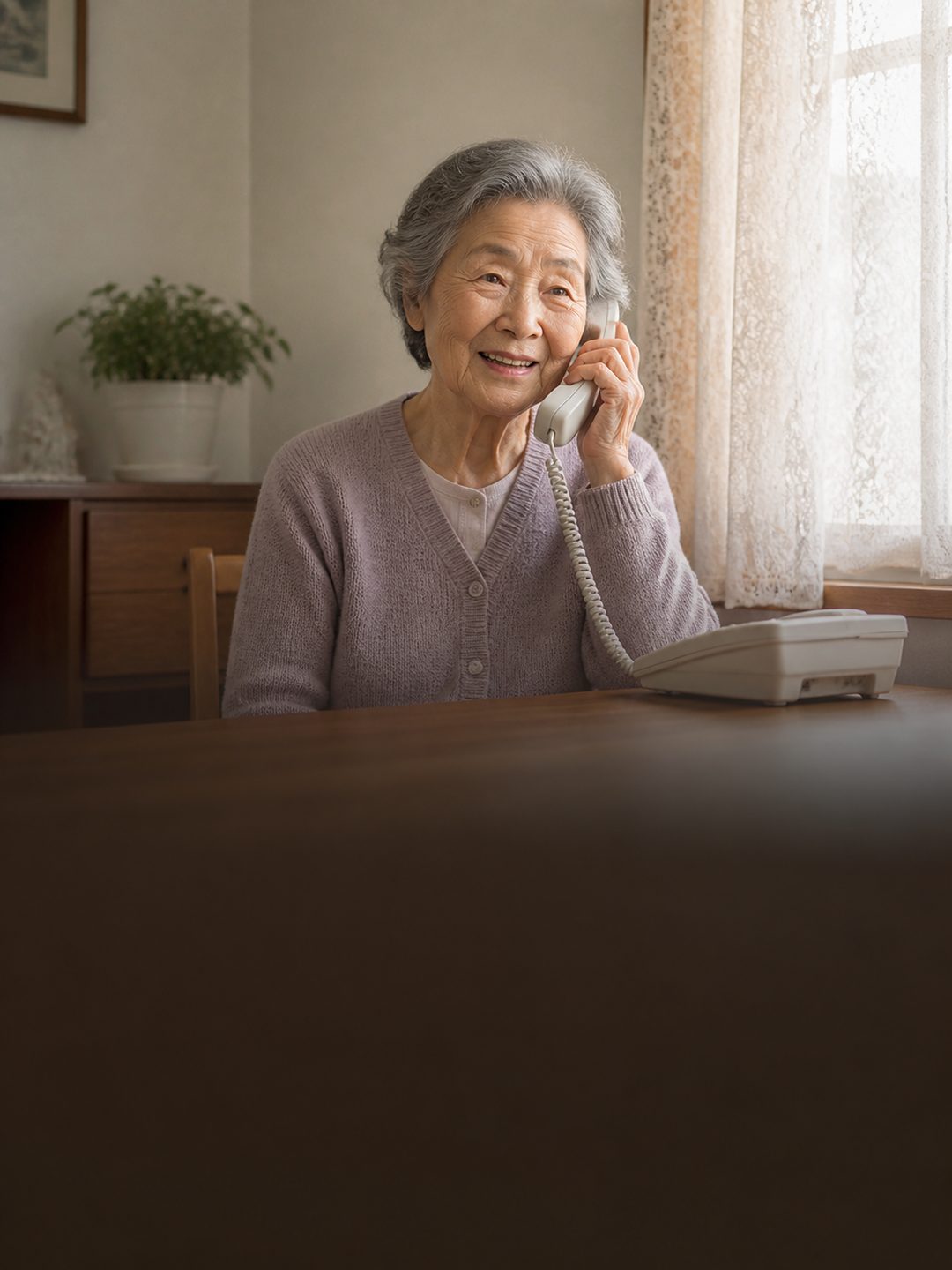 窓辺の自宅で固定電話を手に、笑顔で話す高齢の女性