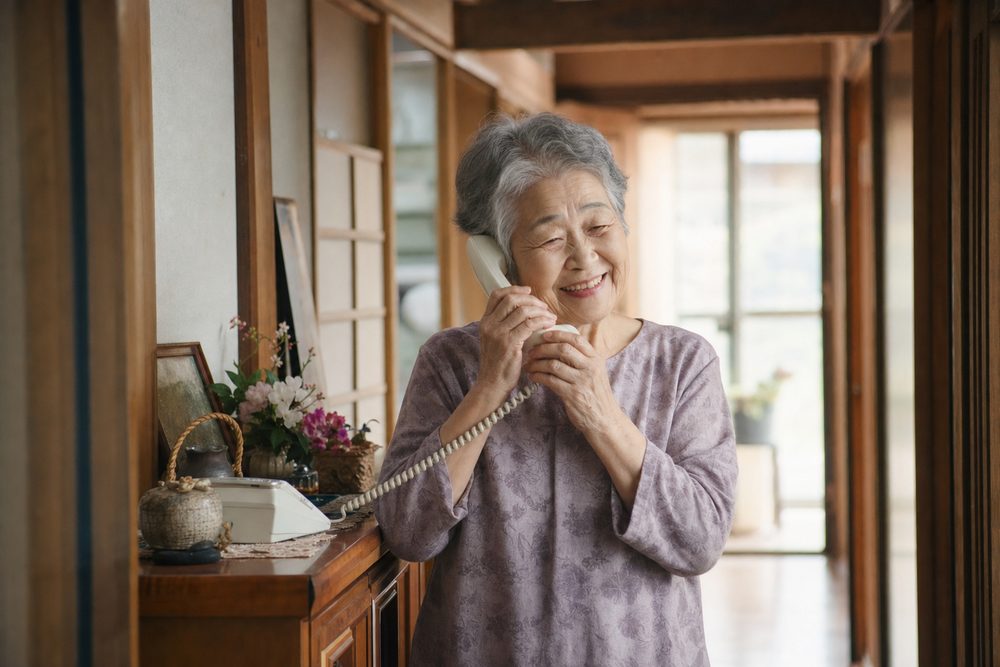 固定電話で話す高齢の女性