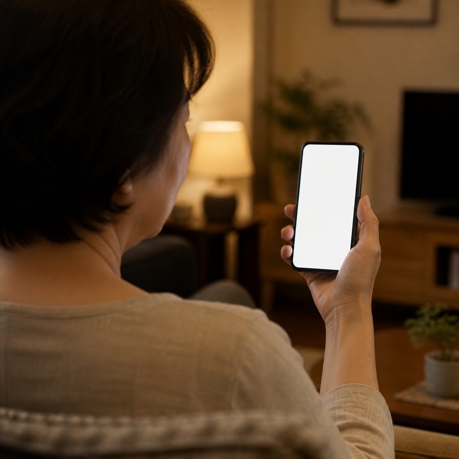 夜のリビングでスマートフォンを手に考えこむ50代の女性